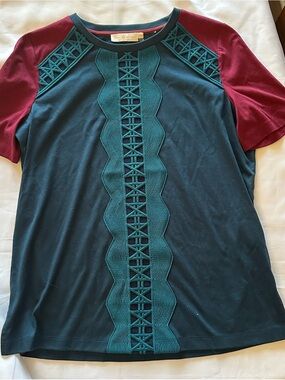 Tory Burch Teal Center Knit Panel with Burgundy Raglan Sleeves Tee